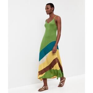Oysho Metallic Slip Maxi Dress in Green Blue Yellow Knit Summer A-Line XS